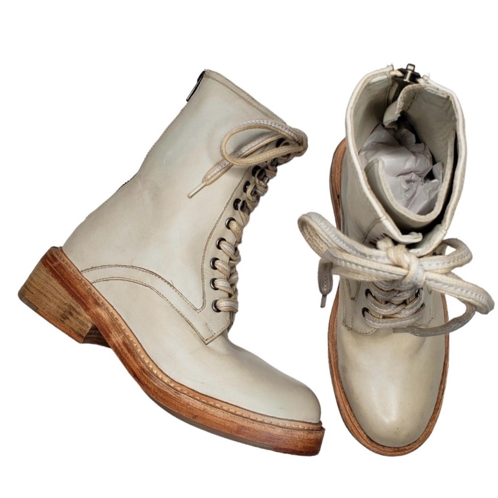 Free People | NWT NIB Leather Ecru Santa Fe Lace-Up Moto Combat Boot Women's 7
